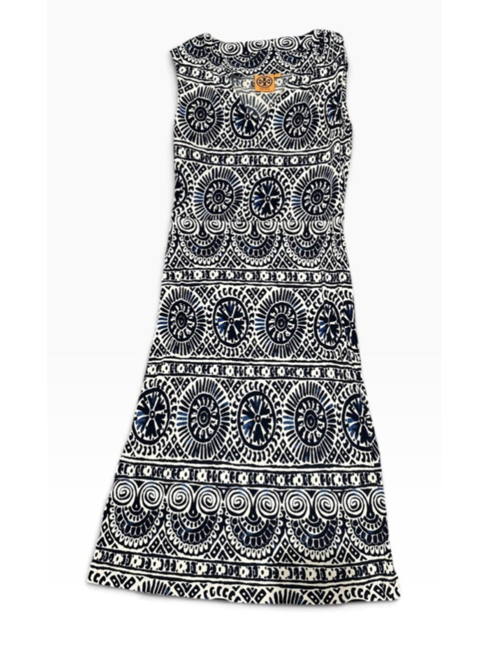Tory Burch Dress Blue White Geometric Print Sleeveless Midi Shift Boho Size S